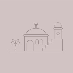 Outline-style mosque illustration on a cream brown background. A beautiful view of a mosque building. Ramadan theme. Islamic theme. Eid al-Fitr and Eid al-Adha. Vector illustration.