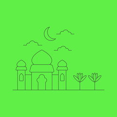 Outline-style mosque illustration on a green background. A view of a mosque building with trees, moon, and clouds. Ramadan theme. Islamic theme. Eid al-Fitr and Eid al-Adha. Vector illustration.