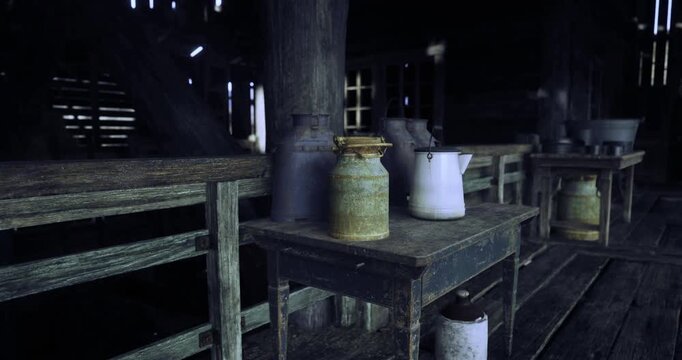Rusting metal containers and glass jars rest atop wooden tables in a dimly lit barn. The earthy tones highlight the nostalgia of rural dairy farming. Dust particles float in the air.