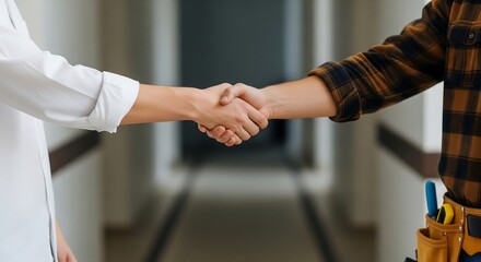 Close-up of two individuals, one in a white shirt and one in a plaid shirt with a tool belt, shaking hands in a hallway, symbolizing agreement and partnership.