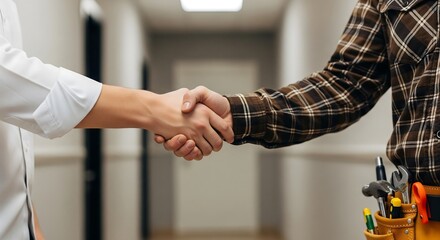 Two individuals, one in a white shirt and the other a tradesperson with a tool belt, shake hands in a well-lit hallway, signifying agreement or a completed service.
