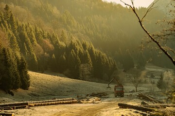 Golden rays of morning sunlight filter through tall evergreen trees, illuminating a peaceful valley...