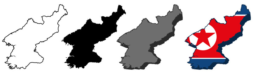 set collections north korea flag in map icon. Detailed Libya map silhouette. 3D Maps north korea symbol design template vector illustration