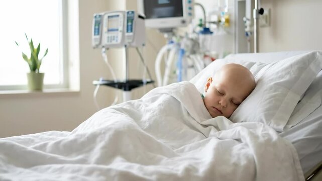 bald caucasian child sleeping in hospital bed. sick kid resting after chemotherapy. childhood cancer awareness and oncology. healthcare, medical concept