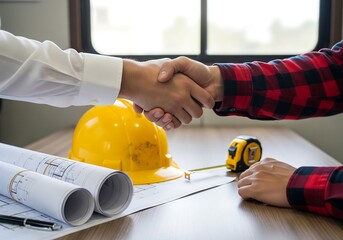 Two business partners shaking hands over blueprints and a hard hat, symbolizing a construction agreement and successful collaboration.