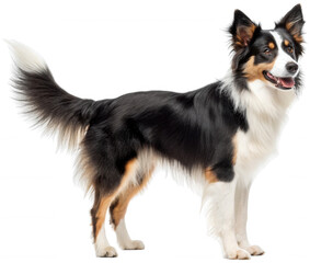 Fototapeta premium Beautiful, medium-sized Australian Shepherd dog with a striking black, white, and tan tri-color coat stands in a confident pose, looking slightly to the right, isolated on transparent background.