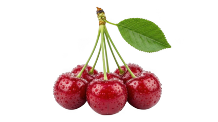 Fresh cherries with dew drops isolated on transparent background
