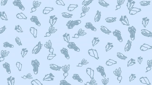 Seamless looping animation of hand drawn vegetable icons pattern with carrots, peas, celery, radish, and greens. Soft line art style on pastel background for food and organic motion graphics.