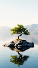 A solitary bonsai tree stands on a rocky island amidst a serene lake. Its sharp branches and the reflective water create a tranquil and minimalist landscape, embodying peacefulness and Zen.