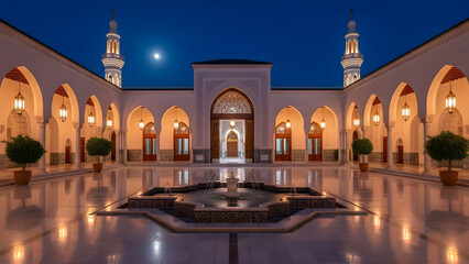 Beautiful mosque courtyard at night with illuminated arches reflection on marble floor and central fountain under blue sky with bright moon shining