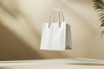 A minimalist white shopping bag floats elegantly in mid-air. Its sleek matte finish and clean edges create a striking, modern aesthetic against a light background, epitomizing simplicity.