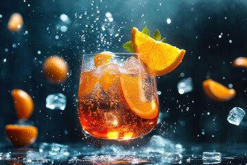 A dynamic scene capturing Aperol Spritz ingredients suspended in mid-air. Juicy orange wedges and glistening ice cubes enhance the vivid red-orange Aperol, creating a lively and artistic visual.