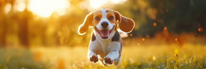 An energetic Beagle with floppy ears is captured in action with a park in the background. The tricolor coat shines in sunlight, embodying motion, excitement, and freedom in natural surroundings.