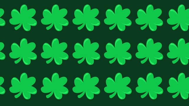 Seamless pattern of green shamrock icons for Saint Patrick's Day celebration in a tile background animation. Repeating cartoon wallpaper with clover symbols. Eco-friendly backdrop decoration screen.