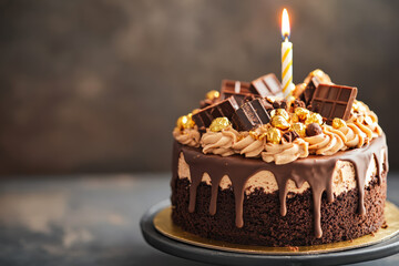 A decadent chocolate cake draped in glossy ganache and adorned with chunks of fudge and chocolate bars. This birthday treat showcases luxurious caramel swirls, enticing any sweet tooth.