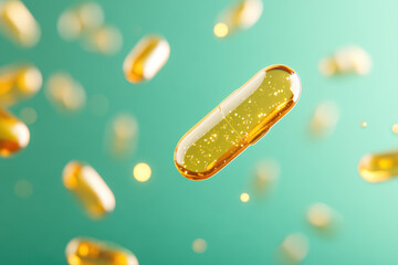 A luminous vitamin D capsule glimmers against a pastel backdrop. The rich golden hue of the supplement stands out, symbolizing health and wellness amidst soothing colors.