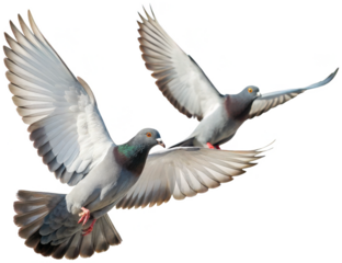Two graceful, realistically depicted pigeons with detailed feather textures and subtle grey and white coloration are captured mid-flight, wings fully extended in, isolated on transparent background.