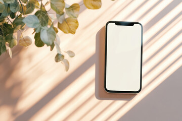 A sleek smartphone rests on a warm surface, its blank white screen softly glowing in natural light. This minimalist top-down composition highlights modern technology and design.