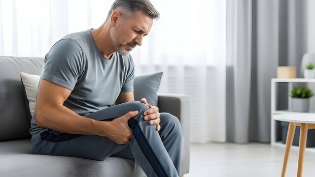 Knee injury and chronic joint pain symptoms. Healthcare and physical therapy needs. Mature man sitting on a sofa holding his painful knee with an expression of discomfort
