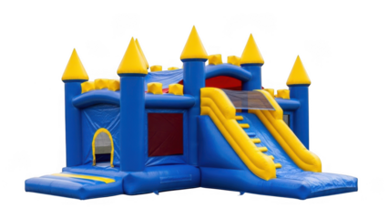 Blue inflatable castle bounce house isolated on transparent background