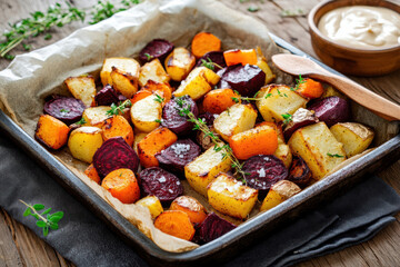A rustic baking tray filled with vibrant roasted root vegetables creates a cozy farmhouse ambiance. 