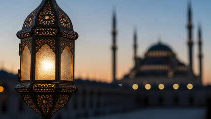 Intricate metal lantern glowing with warm light in foreground with blurred mosque silhouette and minarets during sunset for ramadan greeting card