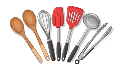 Assorted cooking utensils arranged on a white background, displayed from a top-down viewpoint.