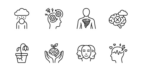 Obraz premium Mental health and wellbeing line icons set, depression anxiety burnout recovery emotions