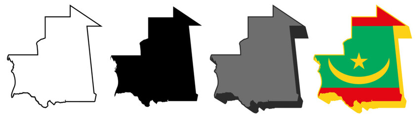 set collections mauritania flag in map icon. Detailed Libya map silhouette. 3D Maps mauritania symbol design template vector illustration