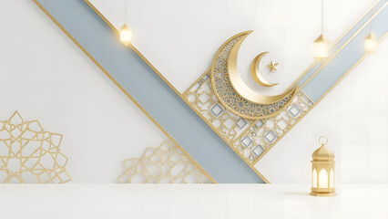 Elegant white and light blue stage podium decorated with luxurious golden crescent moon star and intricate islamic geometric patterns and hanging lantern