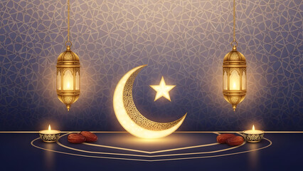 Radiant golden crescent moon and star centerpiece flanked by illuminated fanoos lanterns dates and glowing candles symbolizing ramadan and eid celebration