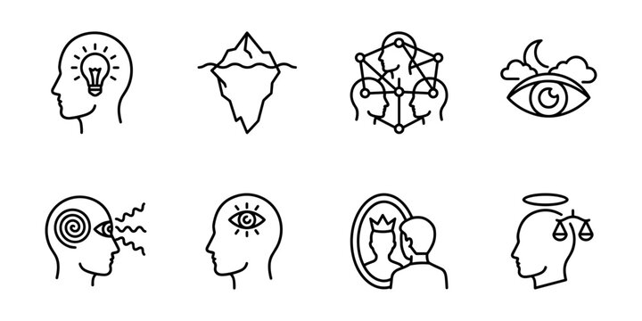 Self-awareness cognition and ethics line icons set, subconscious networks intuition values
