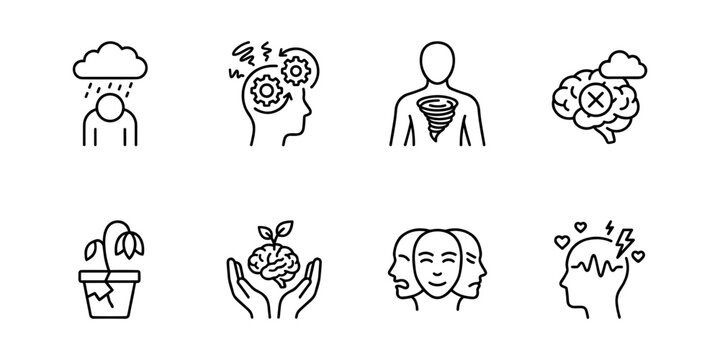 Mental health and wellbeing line icons set, depression anxiety burnout recovery emotions