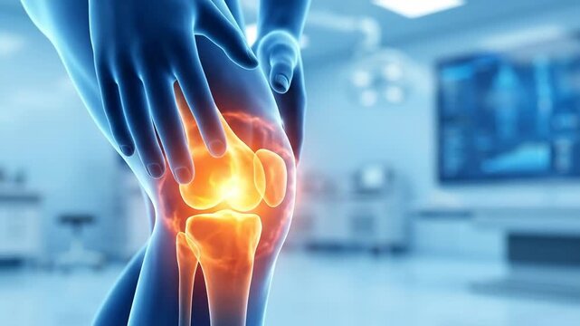 human knee joint with glowing red pain area. hands holding injured leg. arthritis, inflammation and rheumatism concept. medical background, healthcare