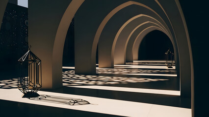 Atmospheric architectural hallway featuring repetitive islamic arches casting strong geometric shadows on the tiled floor illuminated by a single ornate lantern
