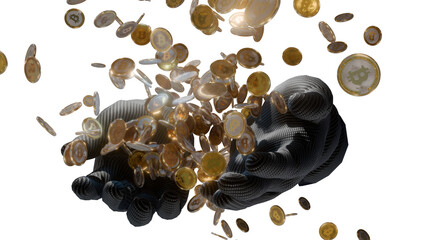 Wealth accumulation concept: Futuristic carbon cyborg hand catching a massive shower of 3,000 gold Bitcoins - Isolated on transparent background - ACES 2.0 created by 3D render clip art.