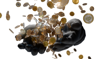 Wealth accumulation concept: Futuristic carbon cyborg hand catching a massive shower of 3,000 gold Bitcoins - Isolated on transparent background - ACES 2.0 created by 3D render clip art.