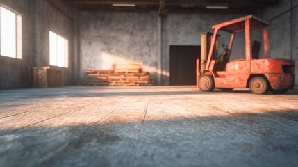 Forklift in an empty warehouse with wooden stacks during daylight hours