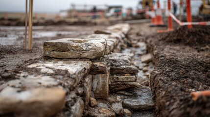 Naklejka premium Workers uncover old stone structures during excavation, highlighting historical infrastructure in a construction area on a cloudy day.