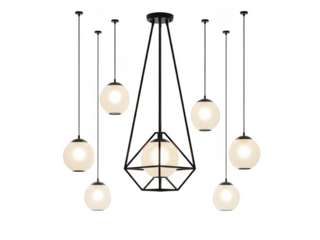 Modern chandelier with spherical light bulbs isolated on transparent background