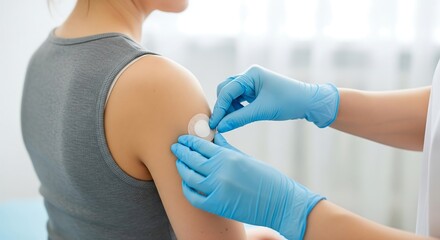A healthcare professional applies a small round bandage or patch to a person's upper arm after a medical procedure.