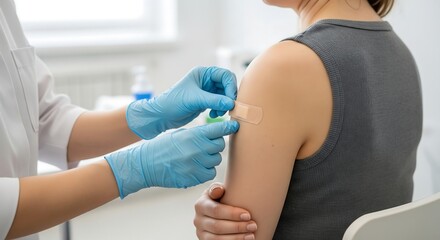 Healthcare professional in blue gloves applying a bandage to a patient's arm after an injection or vaccination procedure.