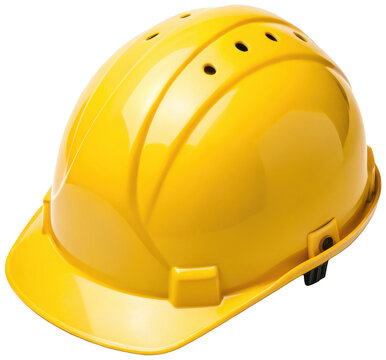 A vibrant, bright yellow hard hat constructed from durable, impact-resistant plastic material, featuring ventilation holes and a dark grey adjustable chin strap,, isolated on transparent background.