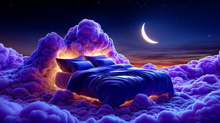 Concept de sommeil profond et r&eacute;parateur sur un lit douillet de nuages flottant dans un ciel nocturne &eacute;toil&eacute; avec un croissant de lune