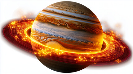 La plan&egrave;te Jupiter, aux nuances de beige et d'orange cuivr&eacute;, par&eacute;e de ses fins anneaux de poussi&egrave;re et entour&eacute;e d'&eacute;toiles scintillantes