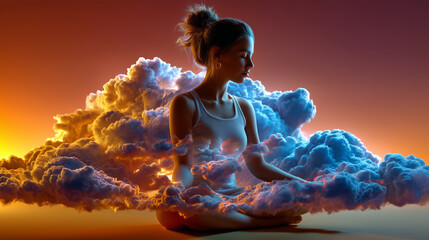 Une personne assise en position de m&eacute;ditation, se fondant dans des nuages doux et cotonneux, sur fond de coucher de soleil