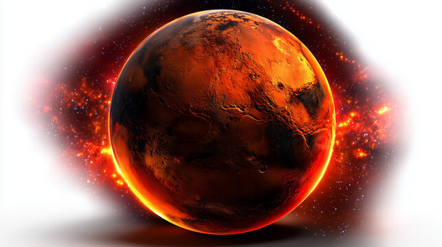 La plan&egrave;te Mars, aux textures rocheuses et &agrave; la poussi&egrave;re rouge rouille et ocre fonc&eacute;, entour&eacute;e d'&eacute;toiles dans la galaxie