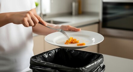 Person scraping leftover food from a plate into a black trash can in a modern kitchen, illustrating food waste and disposal.