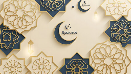 A ramadan themed background with decorative gold and blue geometric islamic motifs stylized lanterns and crescent moons representing faith
