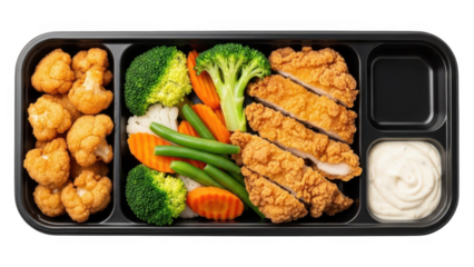 Healthy meal in a black plastic tray isolated on transparent background